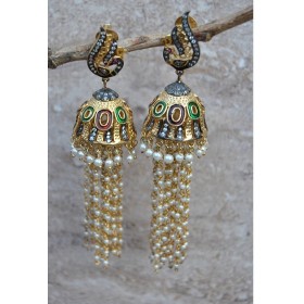  Diamond Pearl Peacock Enamel  Jhumkas